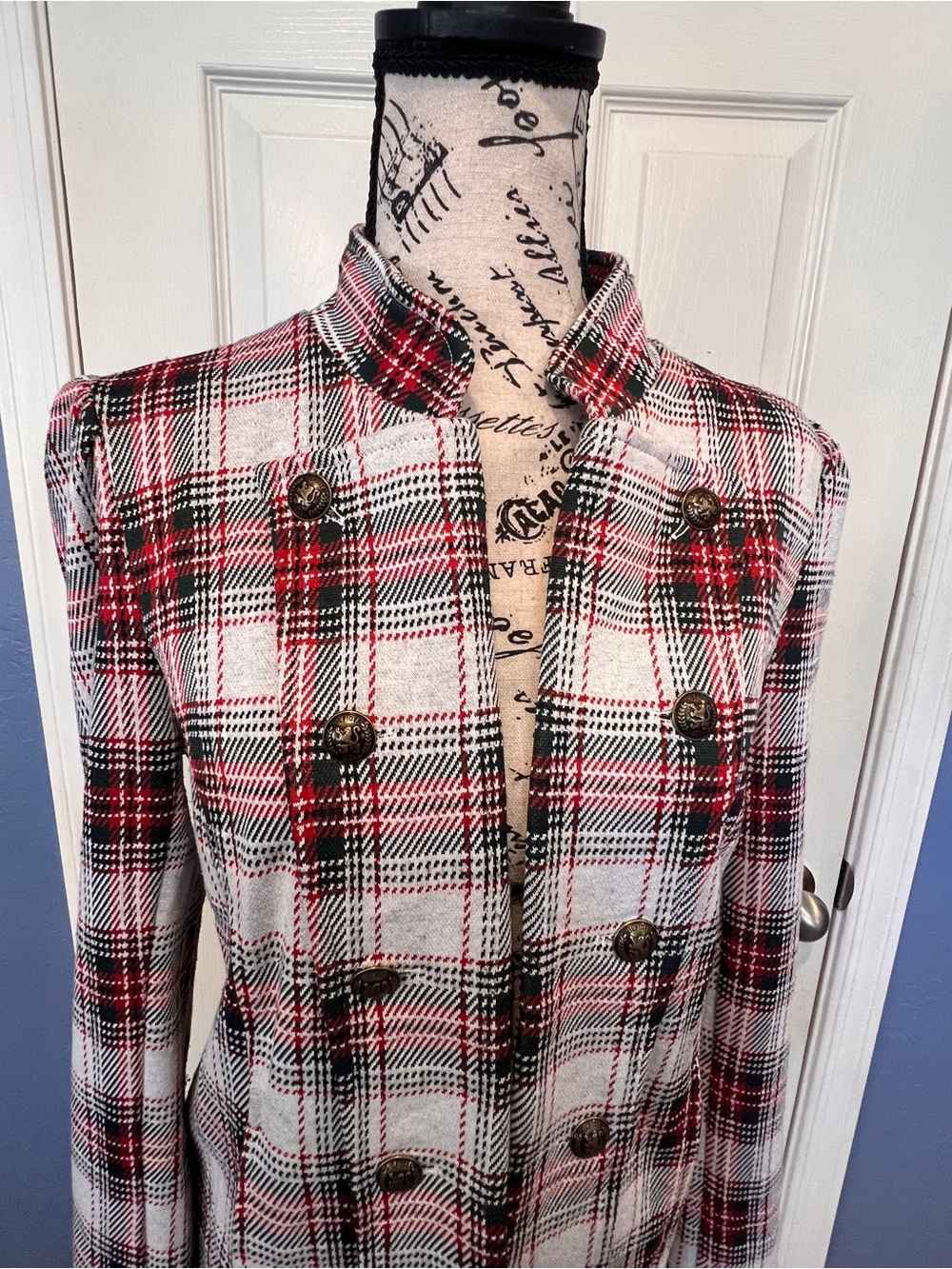 Tommy Hilfiger Red Black Tartan Plaid Military Jacket Blazer vintage utility